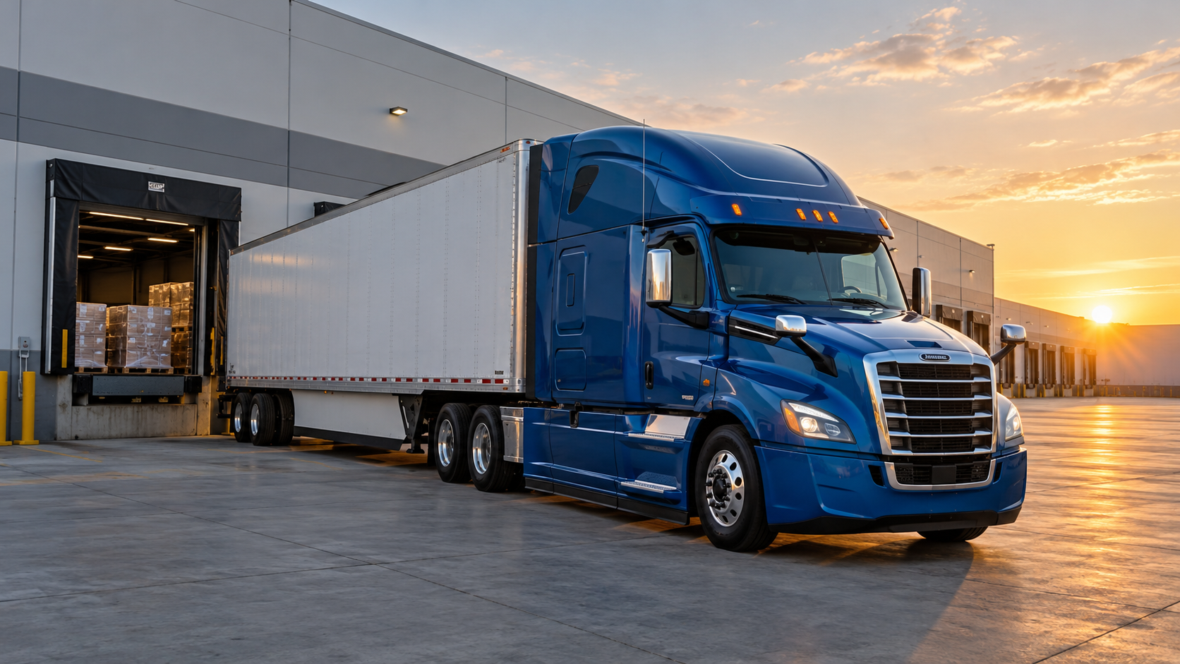 Blue semi truck and dry van trailer at a distribution center at dawn