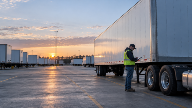A driver documenting a borrowed dry van trailer at a well-organized drop-and-hook yard