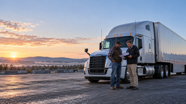 A small-fleet owner and insurance representative reviewing tractor details and comparable quote documents