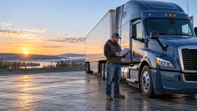 A new trucking business owner checking registration paperwork beside a parked tractor in daylight