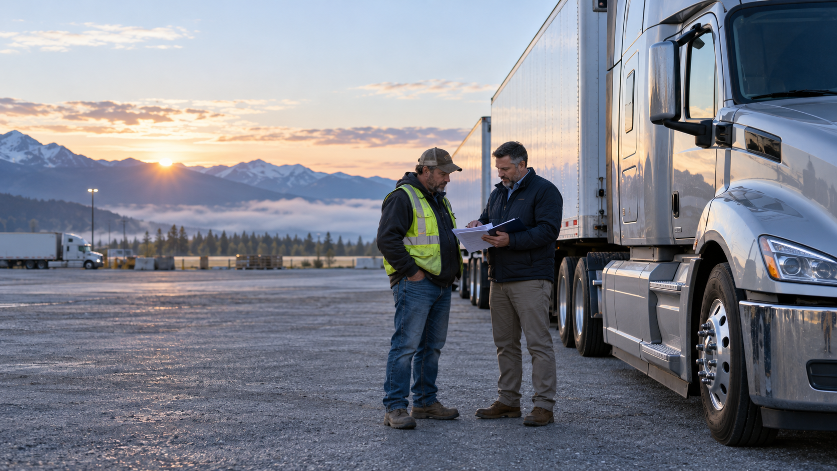 A trucking manager discussing driver injury reporting and coverage documents with a professional driver