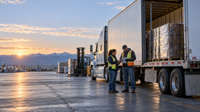 A dispatcher and driver checking a bill of lading against freight beside a securely parked trailer
