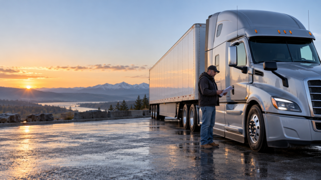 A trucking owner reviewing vehicle valuation records beside a well-maintained tractor