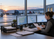 A fleet administrator reconciling mileage, truck schedules and billing records in a modern dispatch office