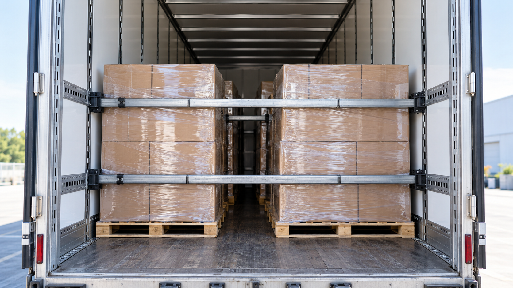 Shrink-wrapped freight pallets secured with load bars inside a dry van trailer